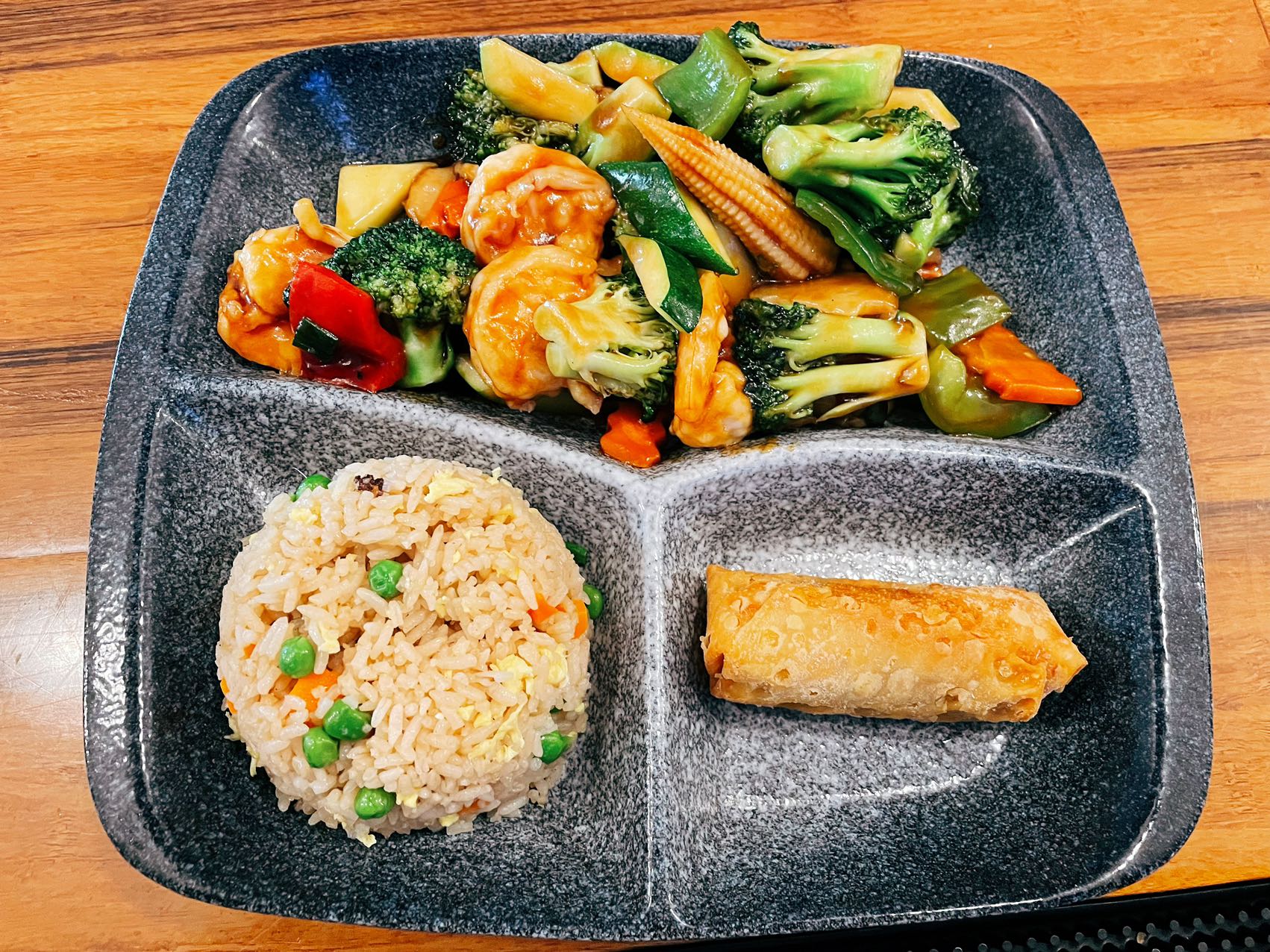 Shrimp with mixed vegetable lunch special with fried rice and egg roll at Wukong Asian Restaurant in Hilldale