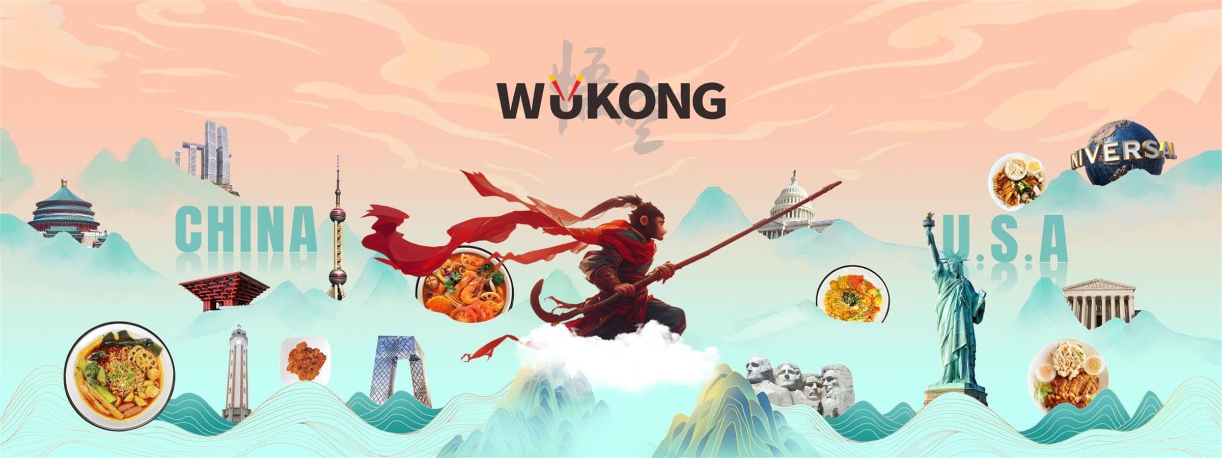 Wukong banner featuring Sun Wukong art, Chinese & US landmarks and signature Asian food illustrations on gradient mountain backdrop at Wukong, a Asian Restaurant in Omaha