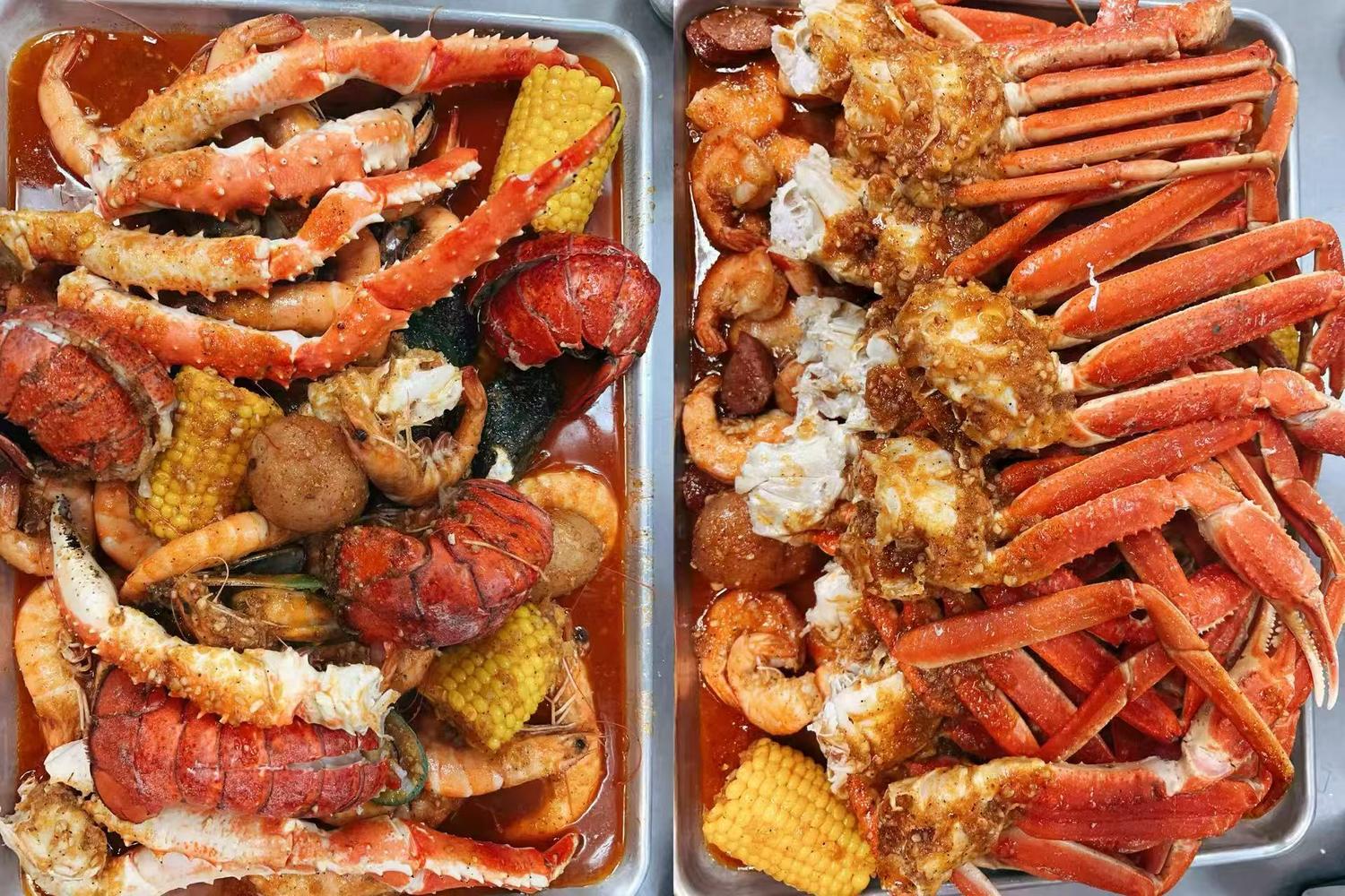 Mixed seafood pan with crab, lobster, shrimp, and veggies at Wu's Crab, a Seafood Restaurant in Layton