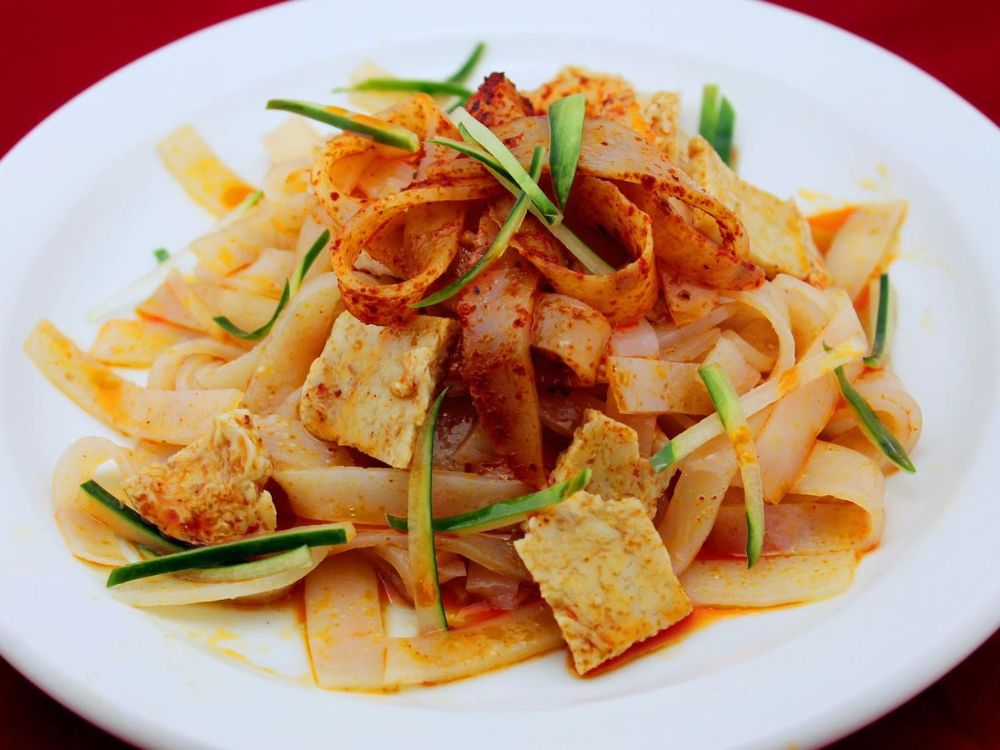 Xi’an-Sizzling-Woks-Chinese-Restaurant-Liangpi-Philadelphia Cold wheat noodles with tofu, chili powder and cucumber strips at Xi'an Sizzling Woks, a Chinese Restaurant in Philadelphia