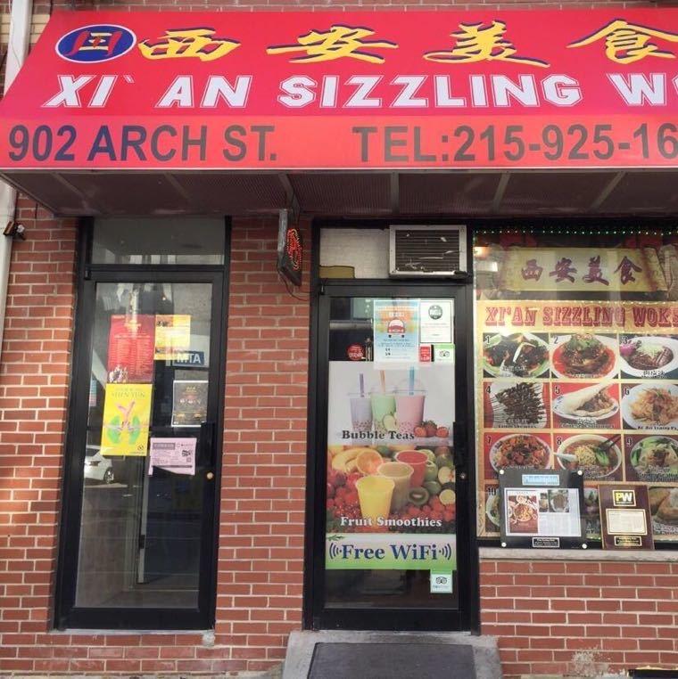 Xi'an-Sizzling-Woks-Chinese-Restaurant-Restaurant-Exterior-Philadelphia Exterior of Xi'an Sizzling Woks with red signboard at Arch St, Philadelphia