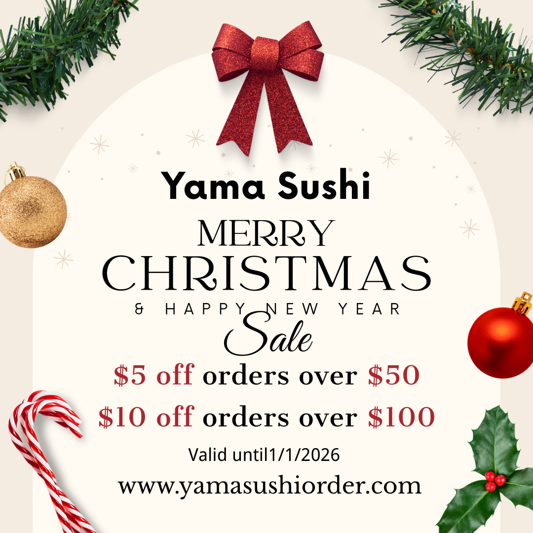 Title: Yama Sushi Christmas & New Year Sale: Discounts on Orders, Valid Until 1/1/2026
Alt: Holiday-themed promo graphic for Yama Sushi: 