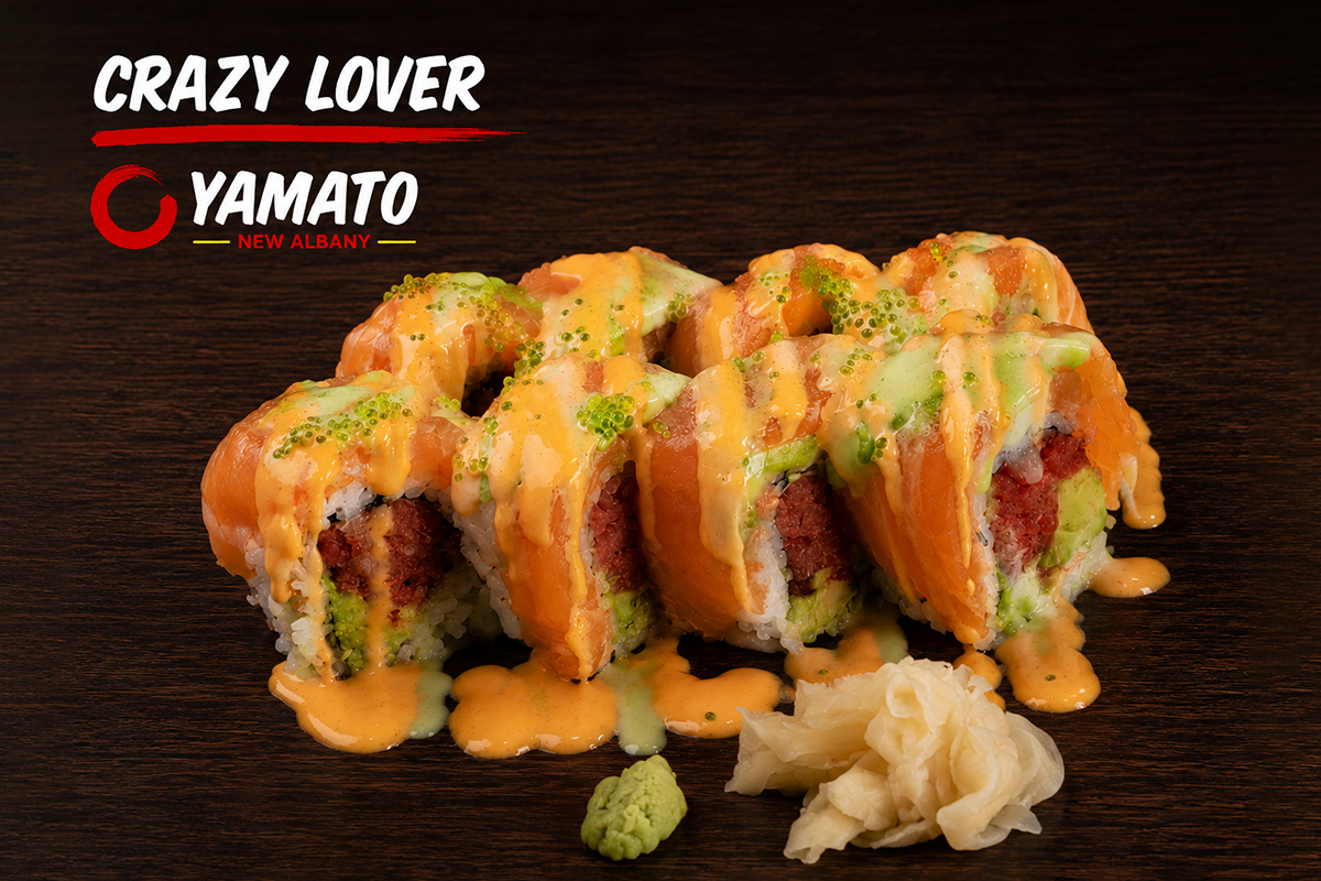 Crazy Lover roll with salmon avocado and spicy sauce at Yamato, a Japanese Restaurant in New Albany