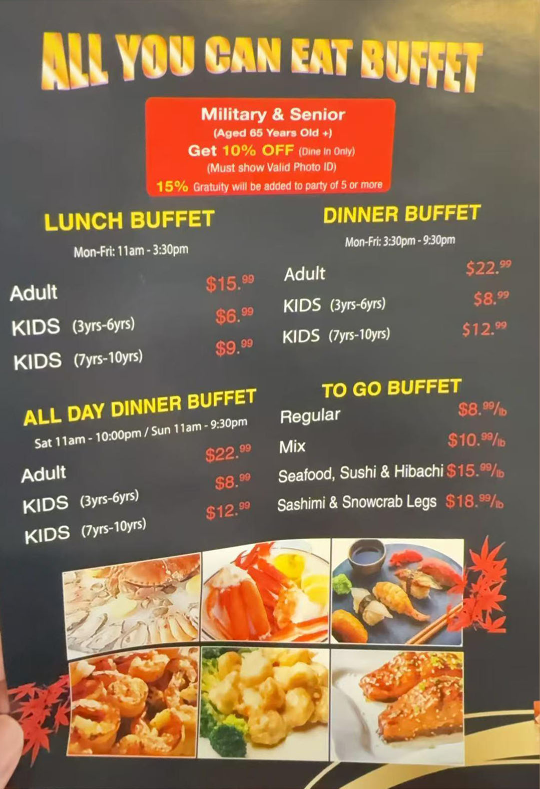 Restaurant menu, detailed description provided below