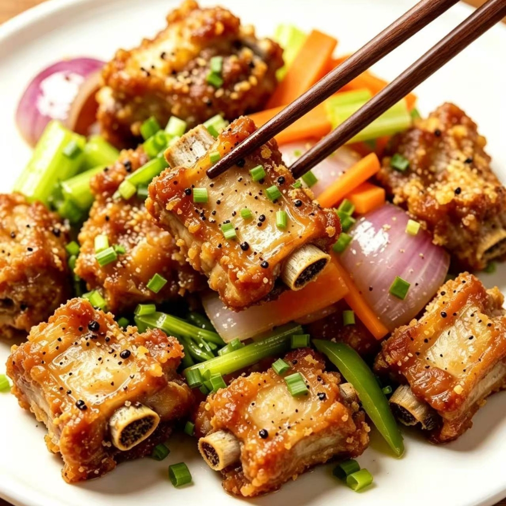 Crispy garlic ribs with fresh vegetables at Yangtze Chinese Restaurant, a Chinese Restaurant in Chardon.