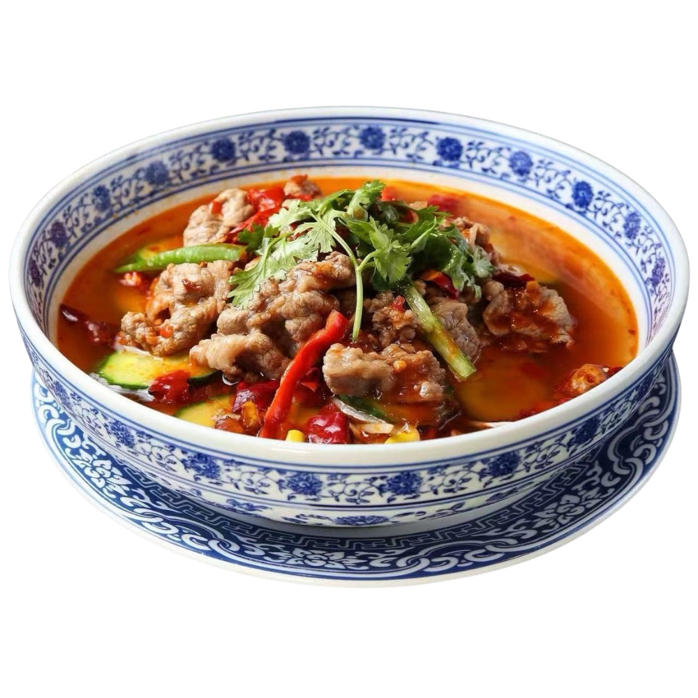 Spicy Sichuan boiled beef in red broth at Yangtze Chinese Restaurant, a Chinese Restaurant in Chardon.