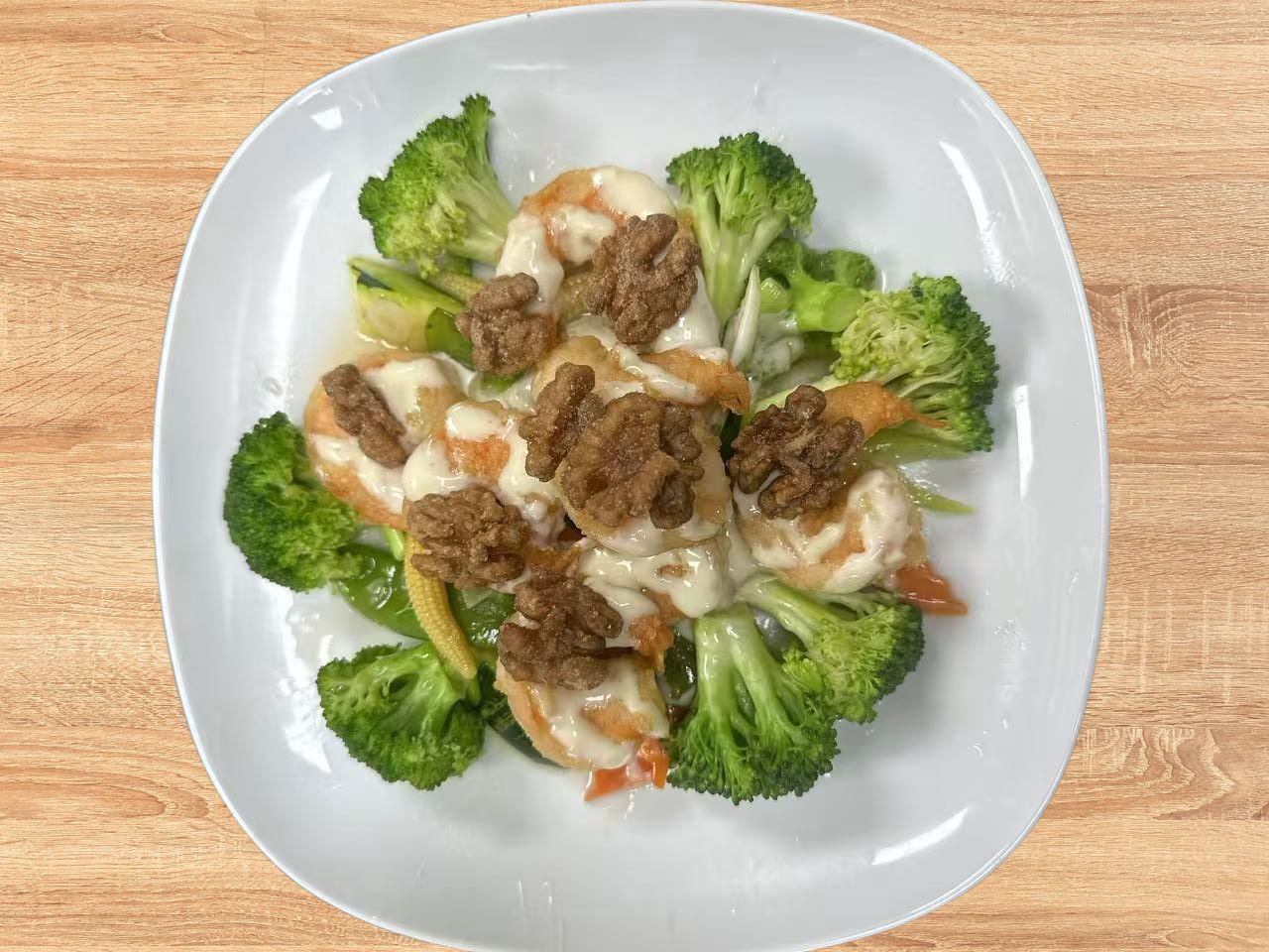 Walnut shrimp with creamy sauce and broccoli at Yantze, a Asian Fusion Restaurant in Lansdale