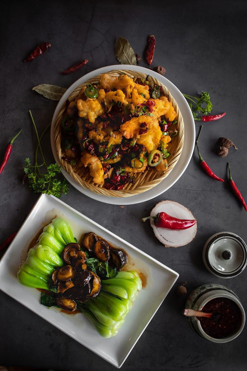 Spicy fried fish fillets and mushroom bok choy combo at Ya Ya, a Chinese Restaurant in Houston