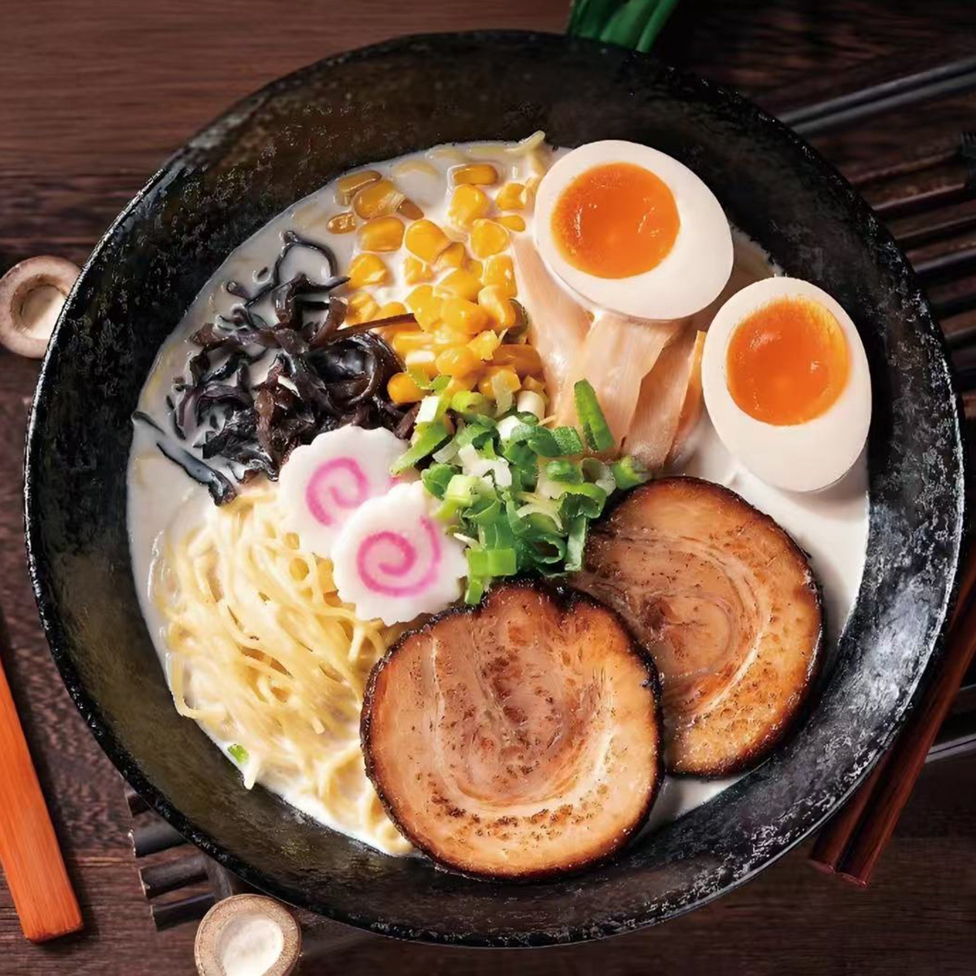 Chashu pork ramen in a black bowl, with noodles, soft - boiled eggs, corn, mushrooms, green onions, and slices of tender chashu pork at Yaya's Bowl Ramen & Dumpling，a Chinese Restaurant in Wilmington