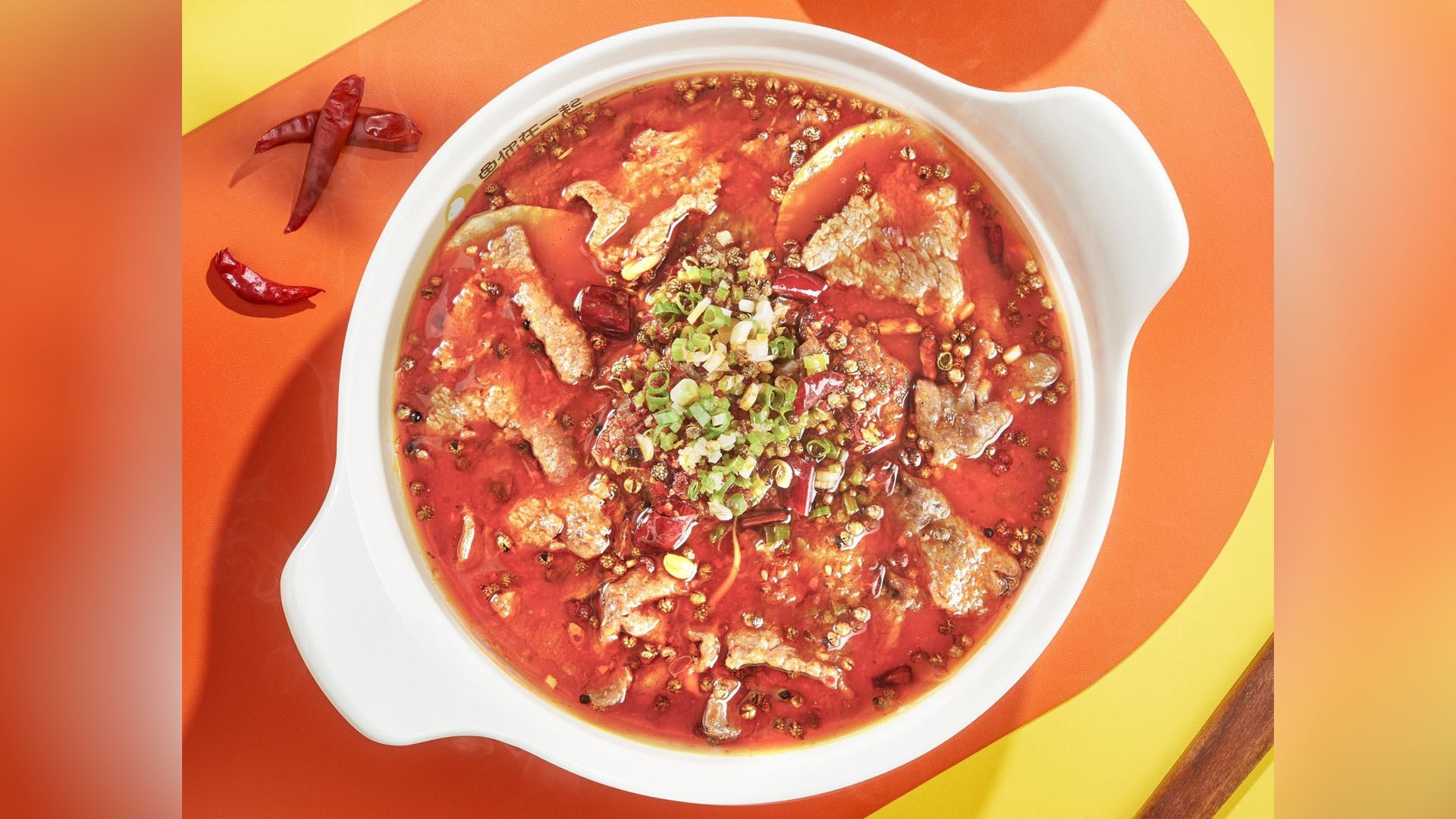 Spicy sliced beef pot in red spicy soup at YonnyFish With You, a Chinese Restaurant in Arcadia