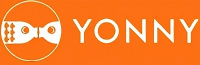 White logo of Yonny with fish element on orange background