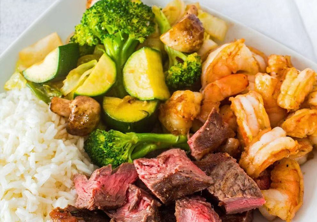 Steak and shrimp combo with rice and grilled veggies at Yosuki Sushi，a Japanese Restaurant in Staten Island