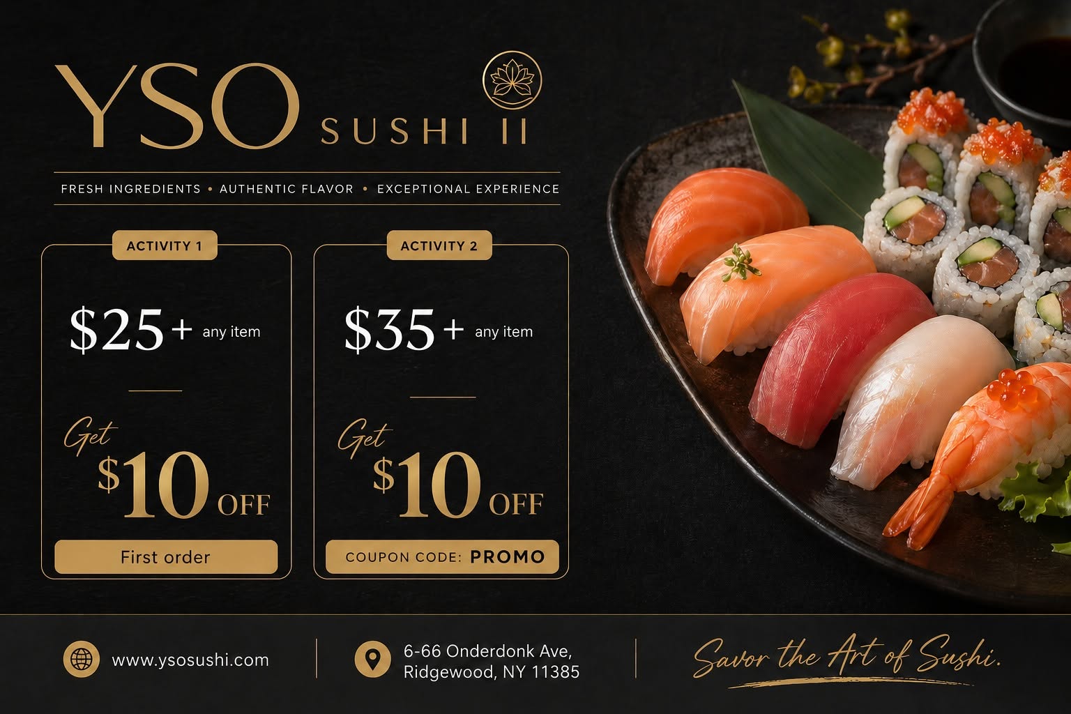 YSO Sushi II Promotion Banner with Sushi Platter and $10 Off Offers
