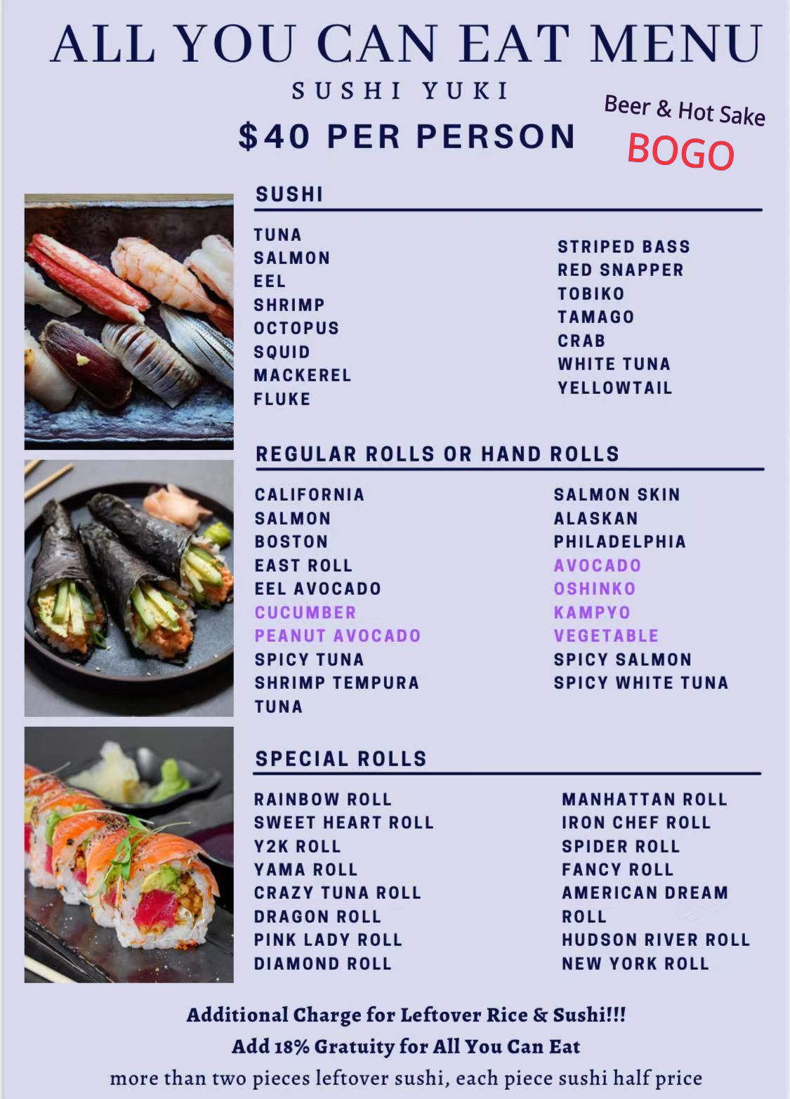 Sushi Yuki AYCE Menu 2, detailed description provided below