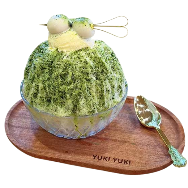 Matcha kakigori with mochi balls on top at Yuki Yuki, a Bubble Tea Store in San Diego