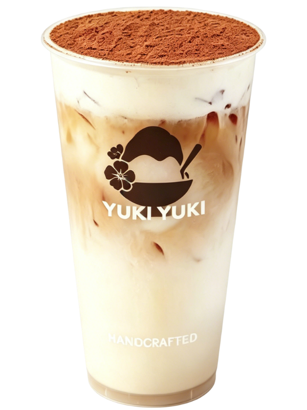 Milk coffee topped with cocoa powder at Yuki Yuki, a Bubble Tea Store in San Diego