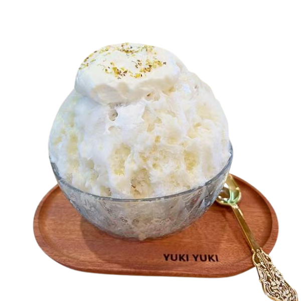 Milky osmanthus kakigori with cream top at Yuki Yuki, a Bubble Tea Store in San Diego