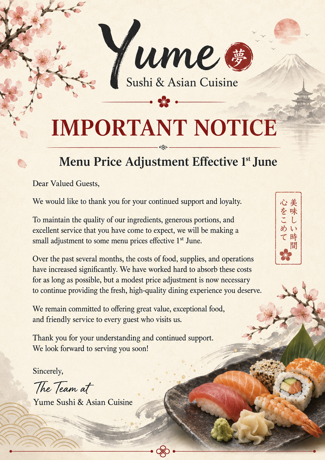 Yume Sushi & Asian Cuisine notice: Menu price adjustment effective June 1st due to increased food and operation costs.