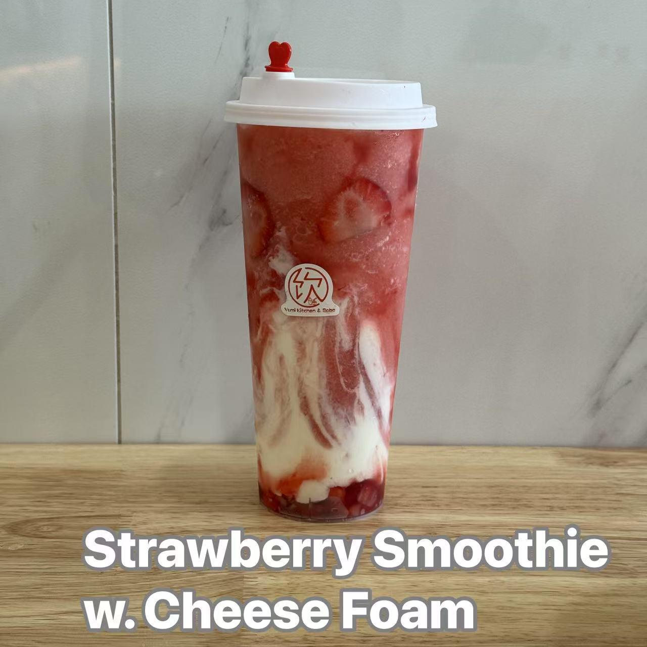 Strawberry Smoothie w. Cheese Foam - Thick strawberry smoothie with cheese foam at Yumi Kitchen & Boba, a Asian fusion restaurant in DeLand