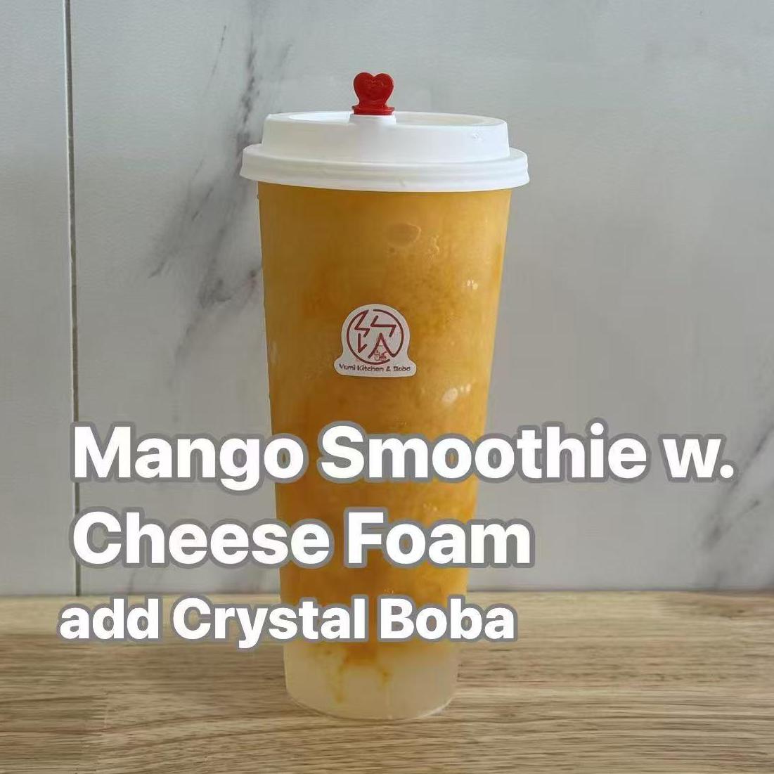 Mango Smoothie w. Cheese Foam add Crystal Boba - Creamy mango smoothie with cheese foam and crystal boba at Yumi Kitchen & Boba, a Asian fusion restaurant in DeLand