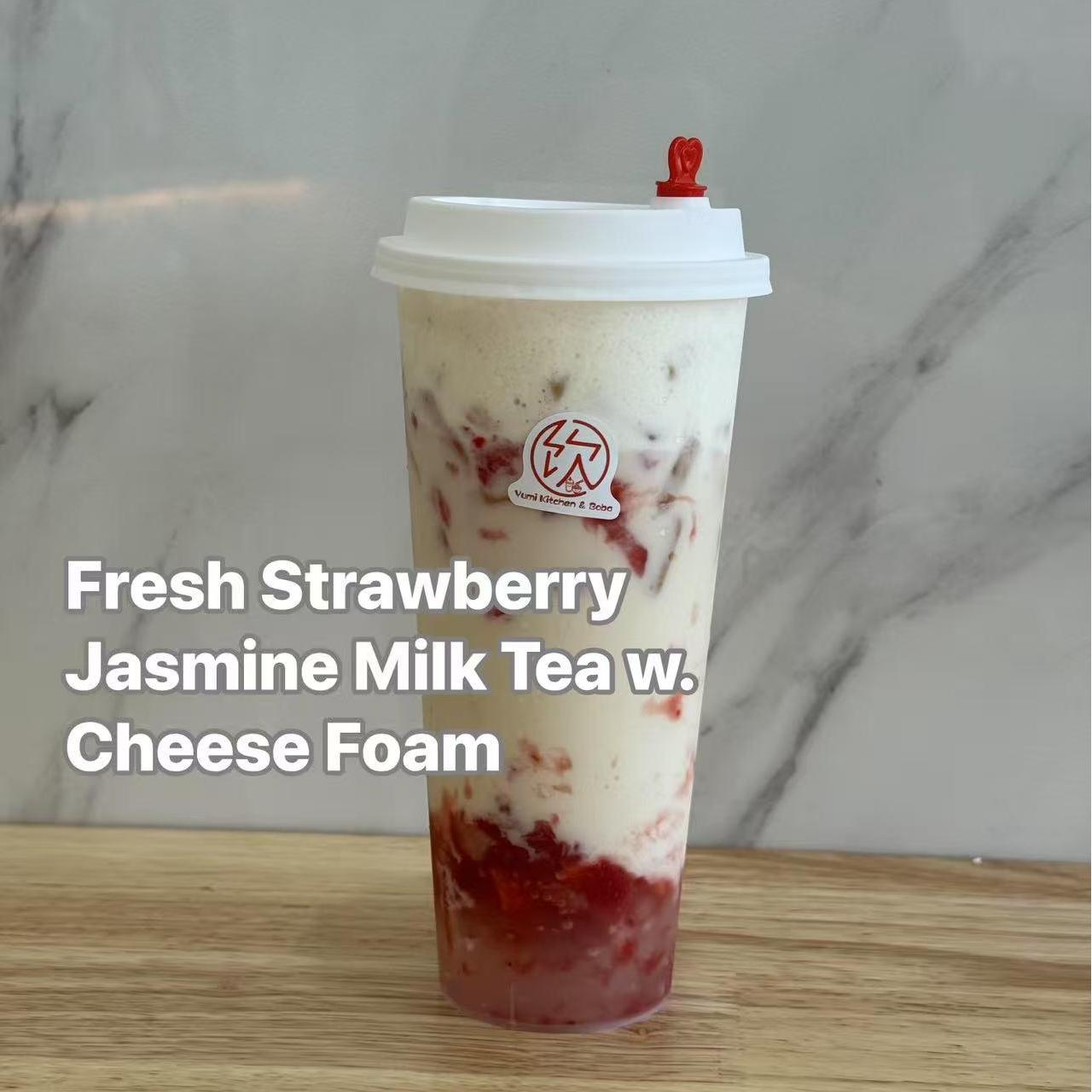 Fresh Strawberry Jasmine Milk Tea w. Cheese Foam - Aromatic milk tea with strawberry, jasmine and cheese foam at Yumi Kitchen & Boba, a Asian fusion restaurant in DeLand