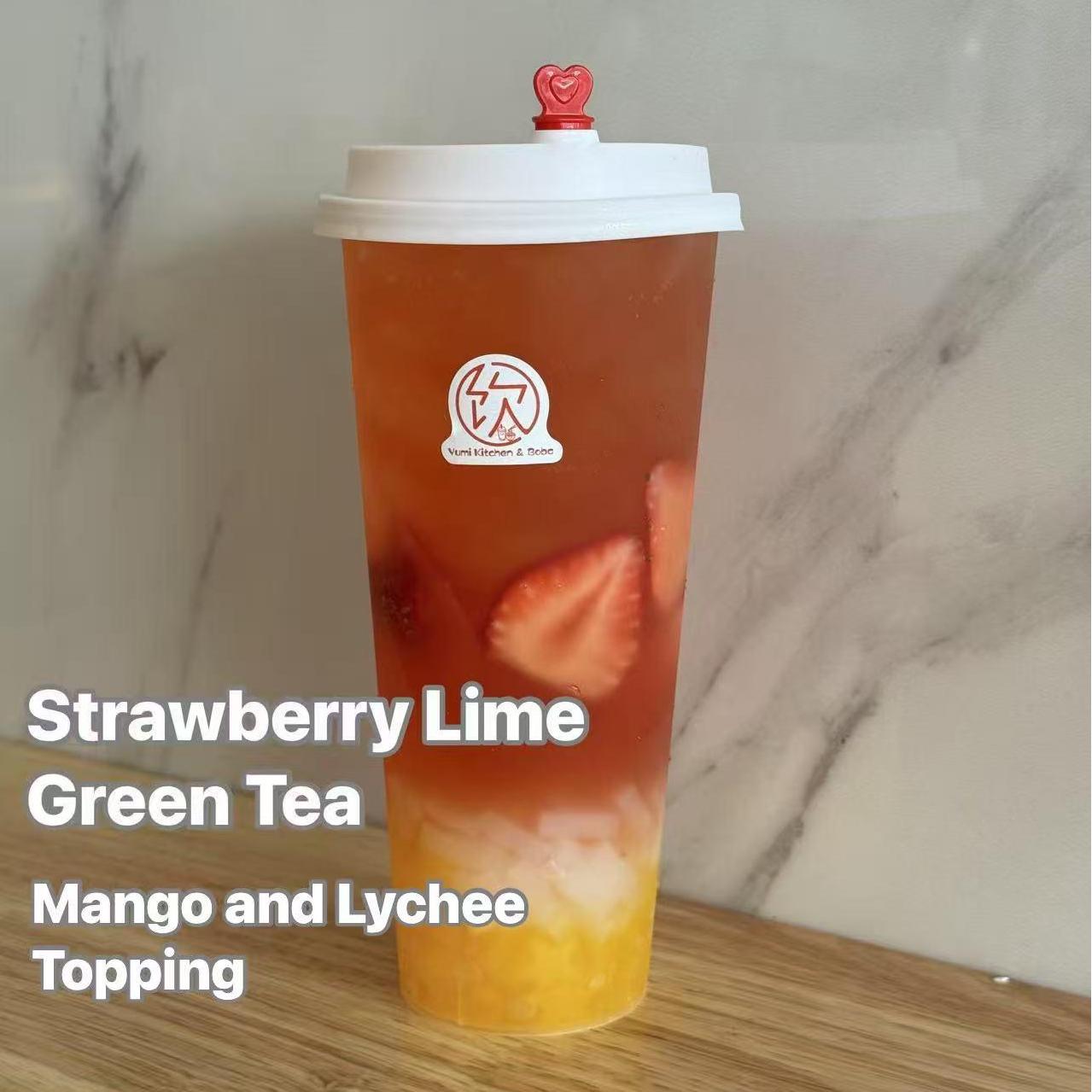 Strawberry Lime Green Tea - Green tea with strawberry, lime, mango and lychee at Yumi Kitchen & Boba, a Asian fusion restaurant in DeLand