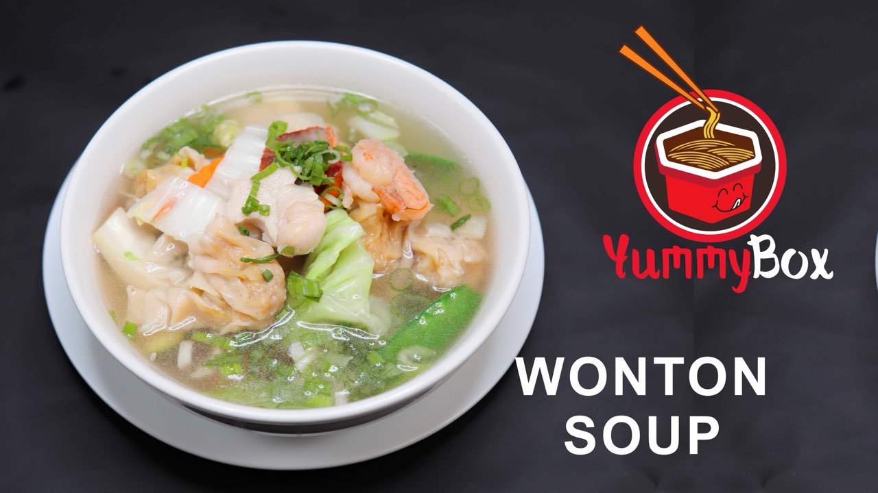Yummy-Box-Chinese-restaurant-Wonton-Soup-Gilbert Soup with wontons, shrimp, veggies, and scallions at Yummy Box, a Chinese restaurant in Gilbert