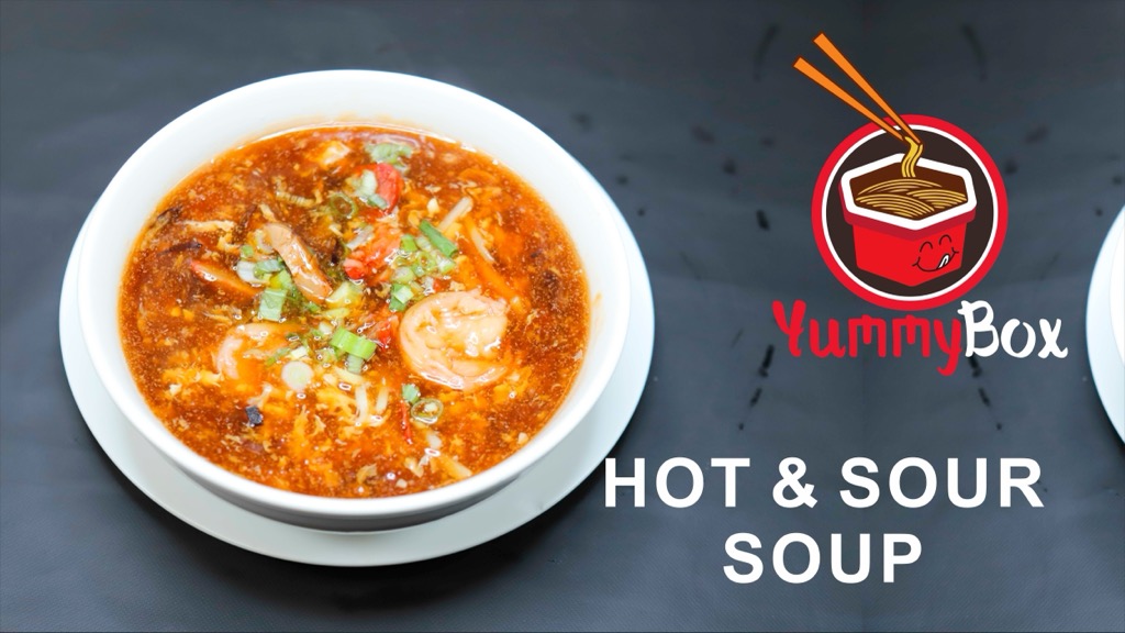 Yummy-Box-Chinese-restaurant-Hot-&-Sour-Soup-Gilbert Spicy and sour soup with shrimp, veggies, and herbs at Yummy Box, a Chinese restaurant in Gilbert