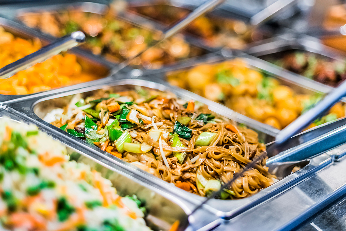 Fresh vegetable beef stir fry lo mein noodles in stainless buffet tray at Yummy Buffet Asian Cuisine, an Asian Restaurant in Sikeston