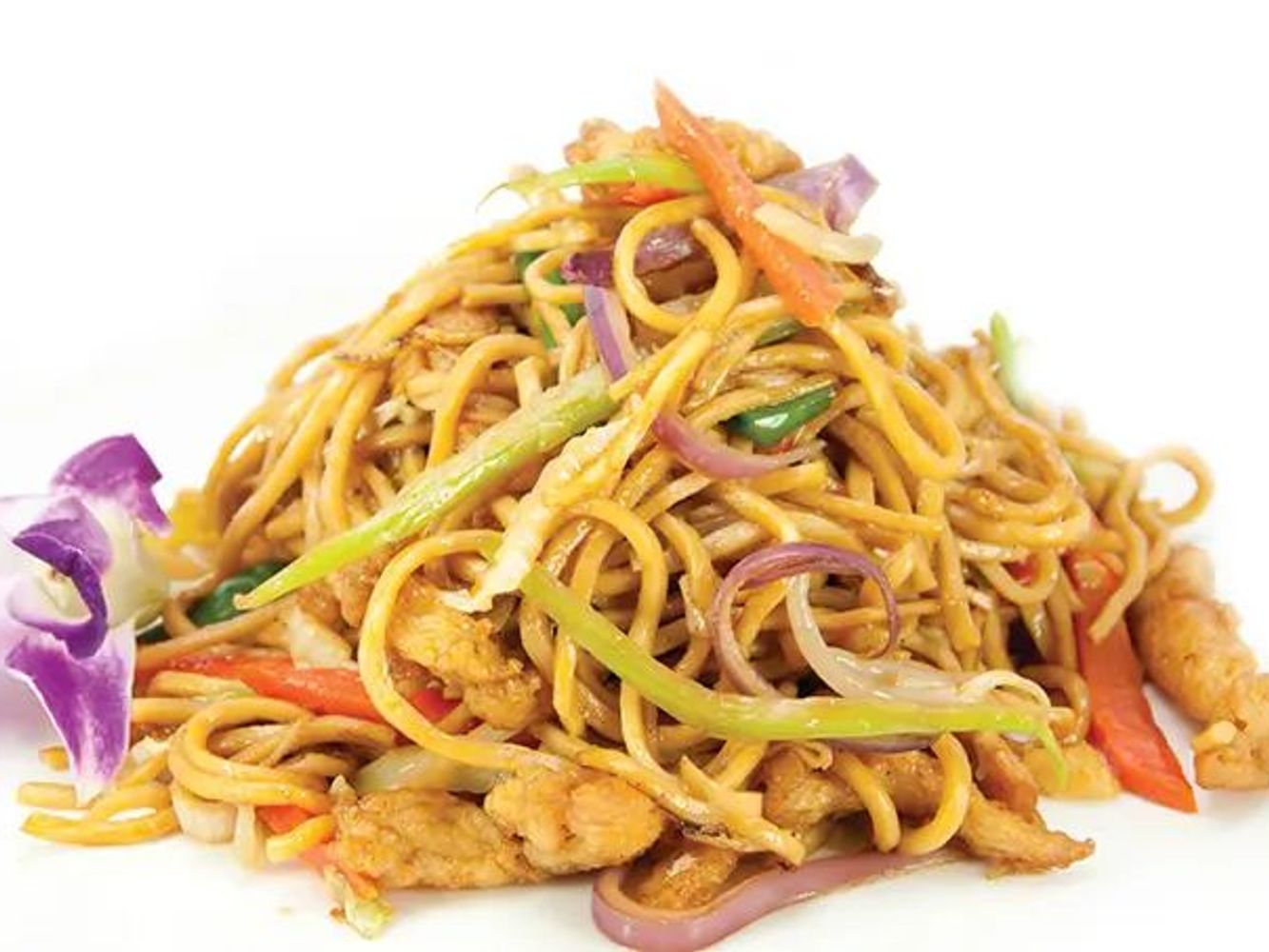 Chicken lo mein stir-fried noodles mixed with colorful fresh vegetables