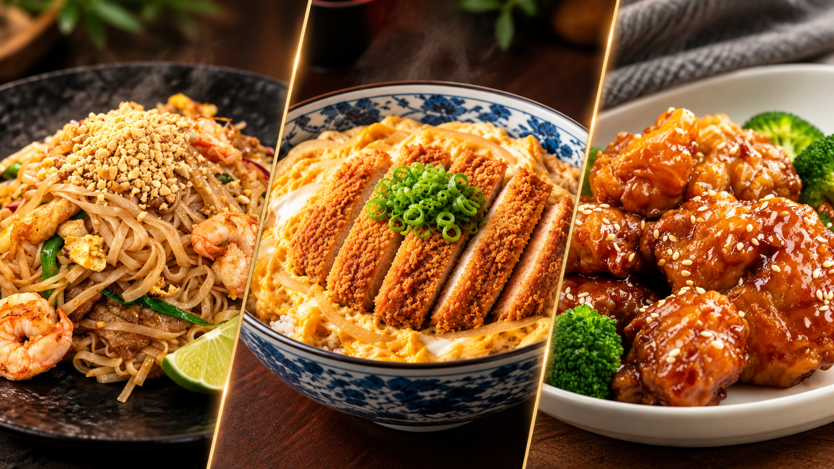 Collage of pad thai, katsu rice bowl and glazed sesame chicken dishes