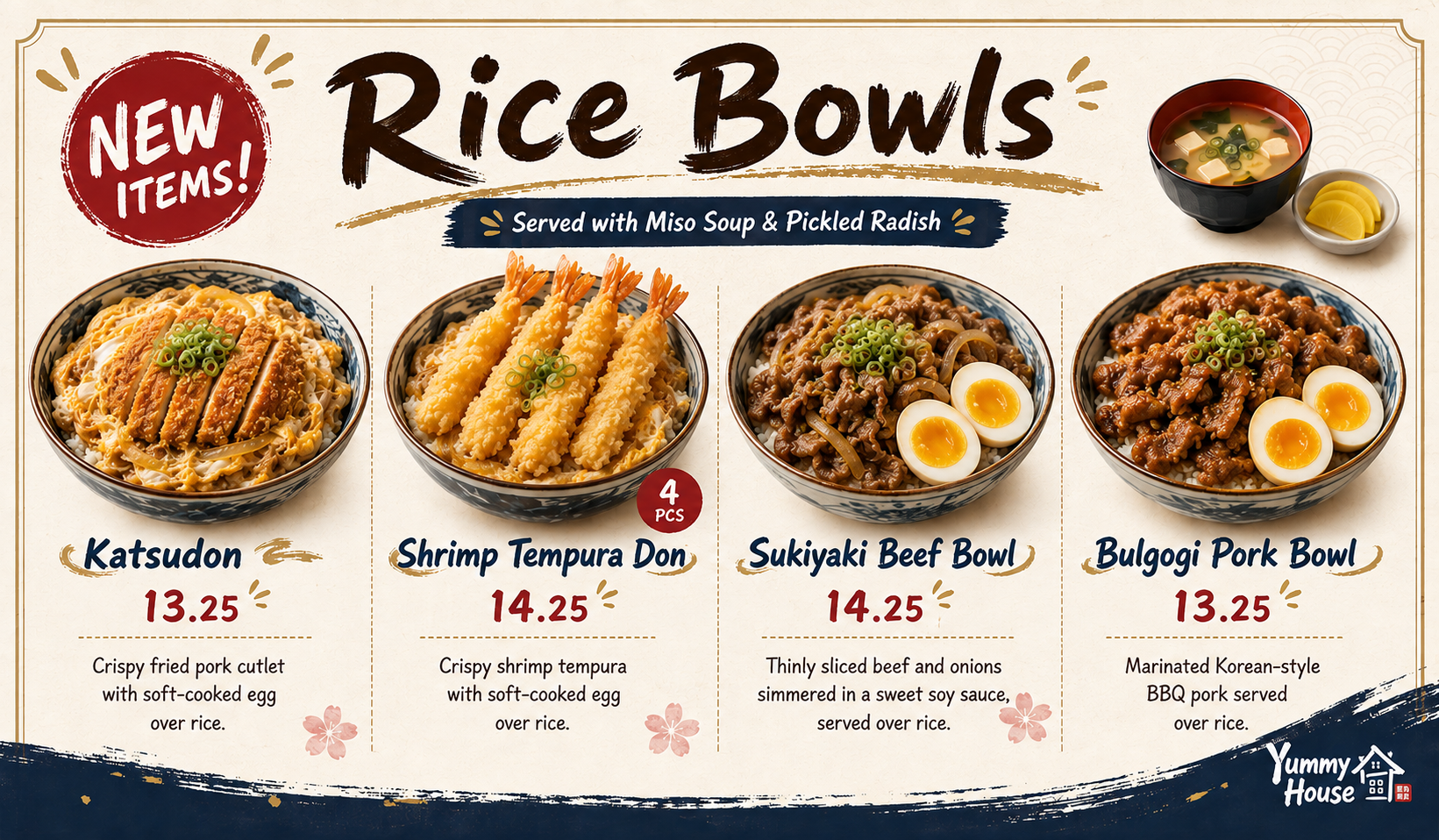 Rice bowls menu poster featuring katsudon, tempura, sukiyaki and bulgogi