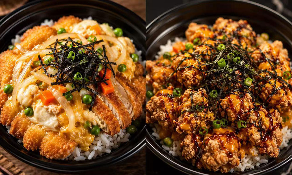 Two rice bowls: katsu don and karaage don with egg, sauce, and seaweed at Yu San, a Japanese Restaurant in East Stroudsburg