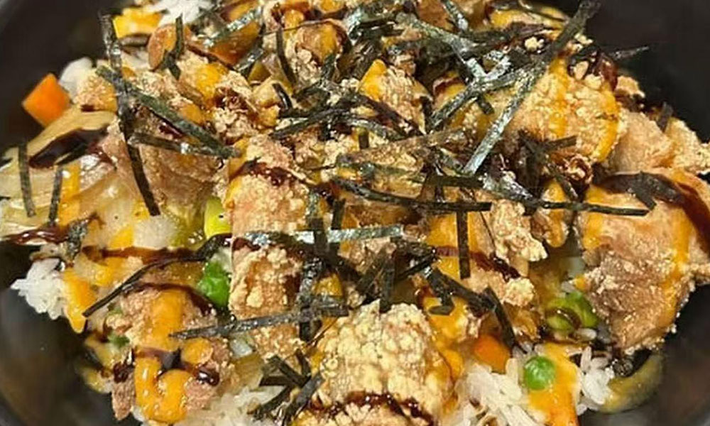 Crispy karaage don bowl with fried chicken, egg, sauce, and seaweed toppings at Yu San, a Japanese Restaurant in East Stroudsburg