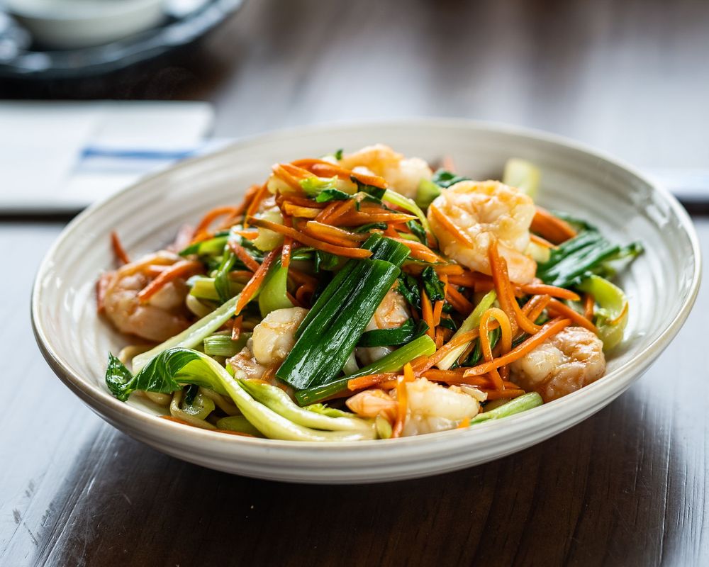 Shrimp stir-fry with vegetables served at Yu's Noodle Shop, a Chinese restaurant in Lone Tree