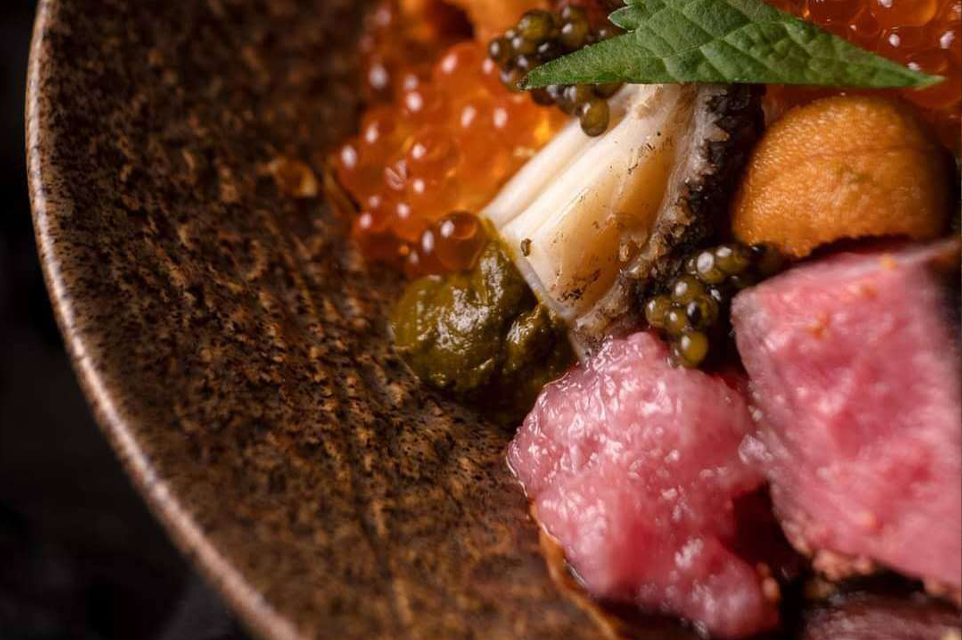Luxury seafood dish with tuna, uni, roe, and wasabi on rustic bowl.