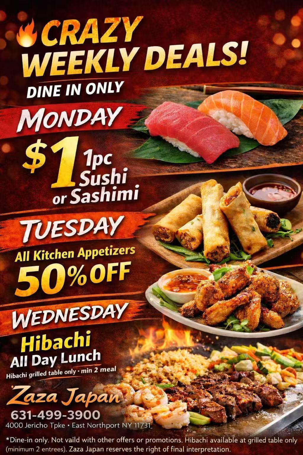 Zaza Japan weekly dine-in deals: $1 sushi Mon, 50% app Tues, hibachi lunch Wed