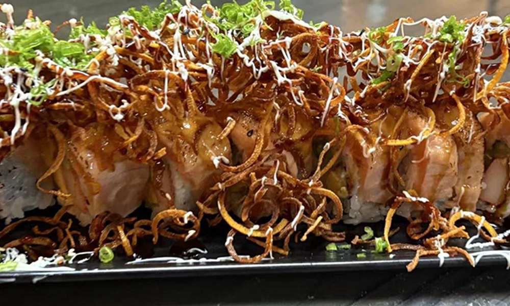 Baked Salmon Roll with Crunchy Sweet Potato at Koto Japanese Steakhouse, Japanese Restaurant in Fort Wayne