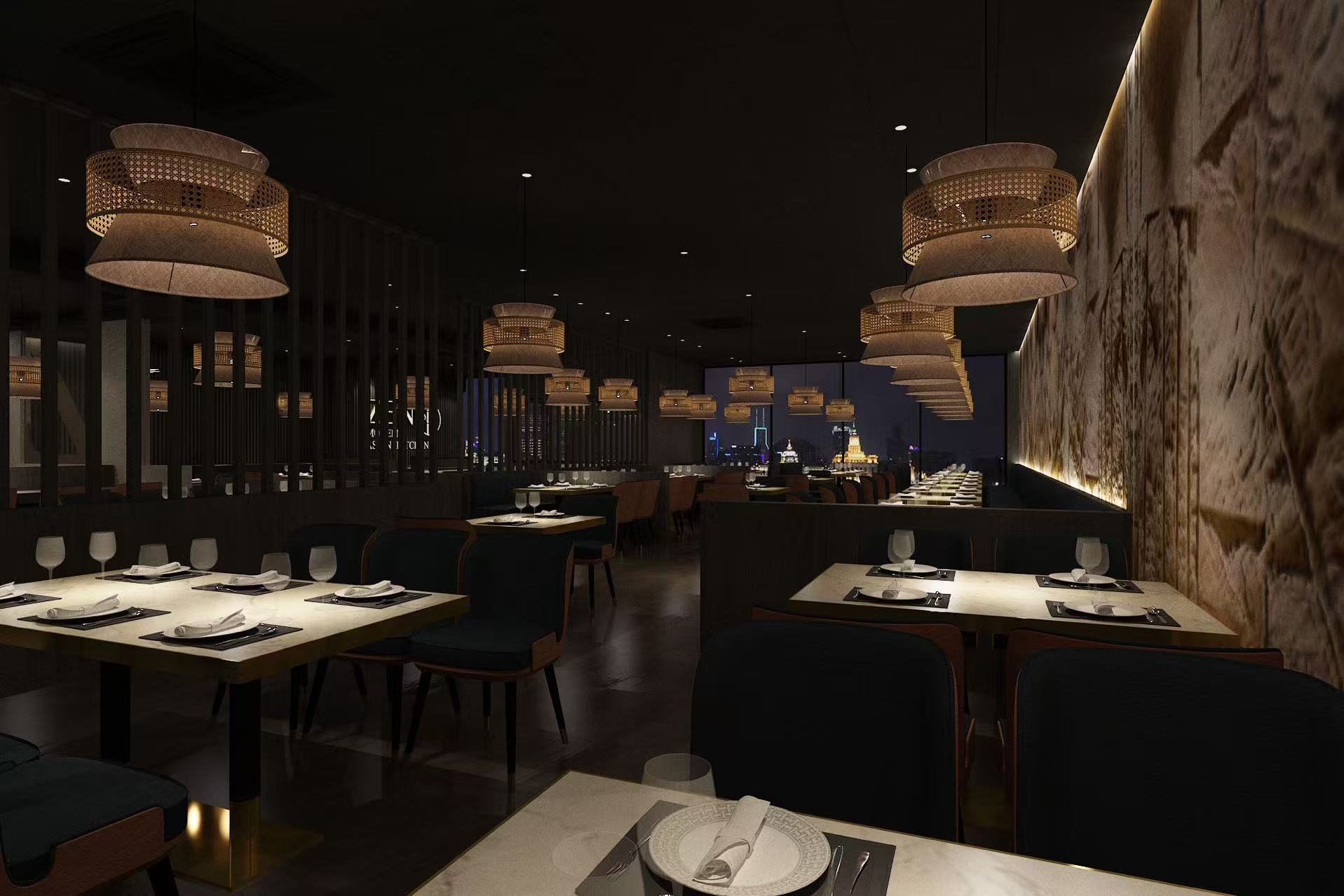 A sophisticated restaurant space at night, featuring stylish lighting, set tables, and a view of the city skyline through large windows.