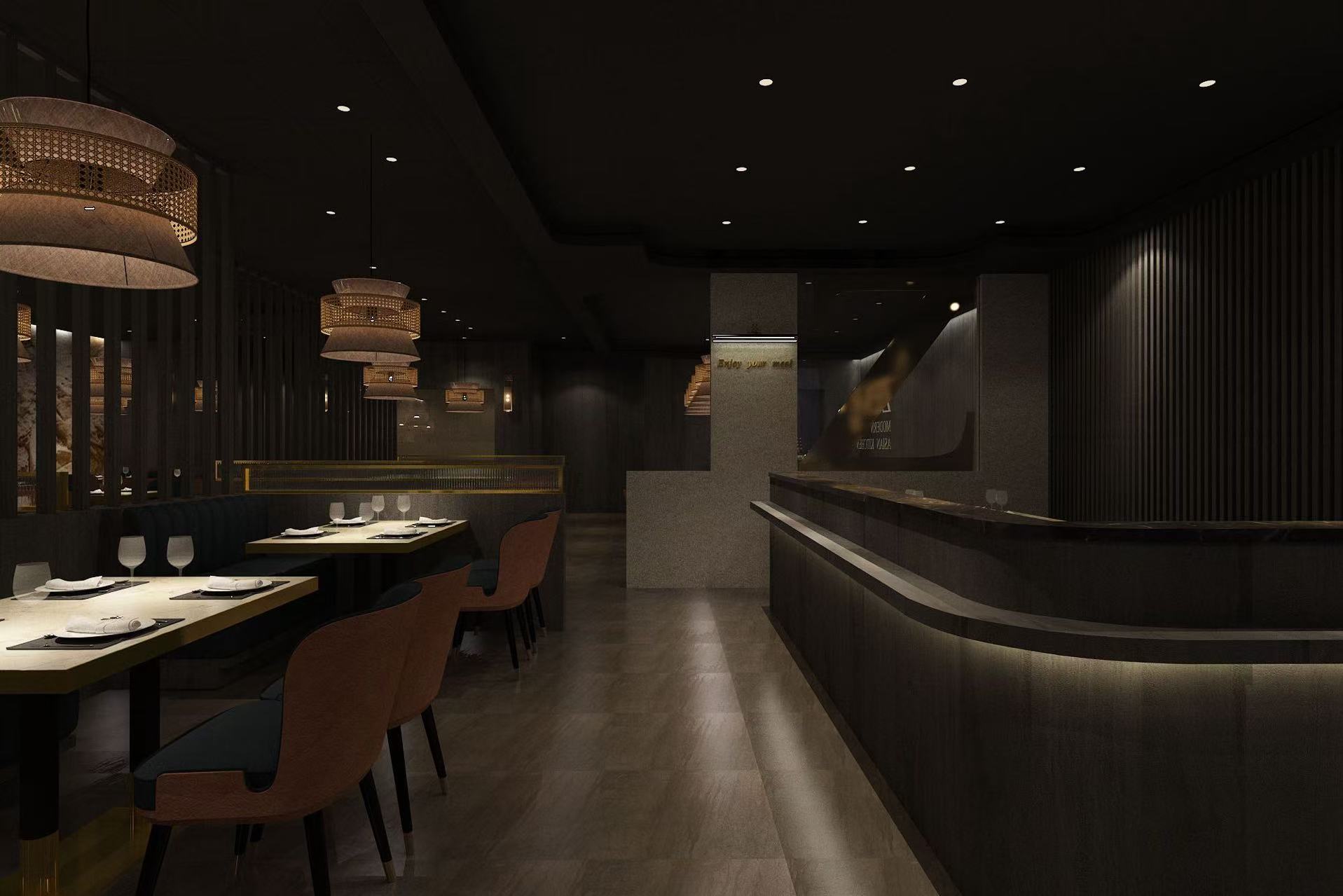 A dimly lit, modern restaurant interior with sleek tables, contemporary pendant lights, and a long bar counter.