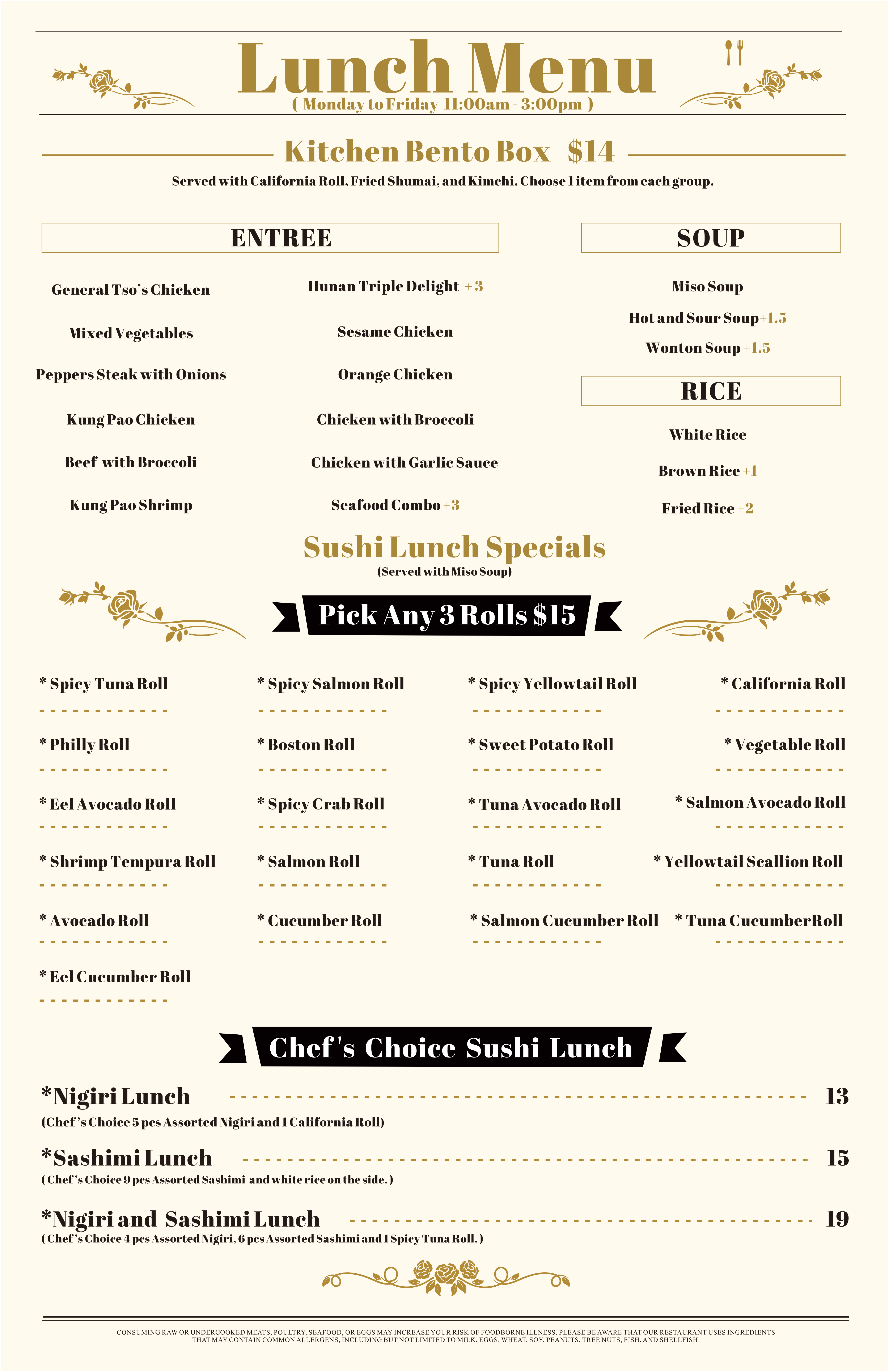 Restaurant lunch menu, detailed description provided below
