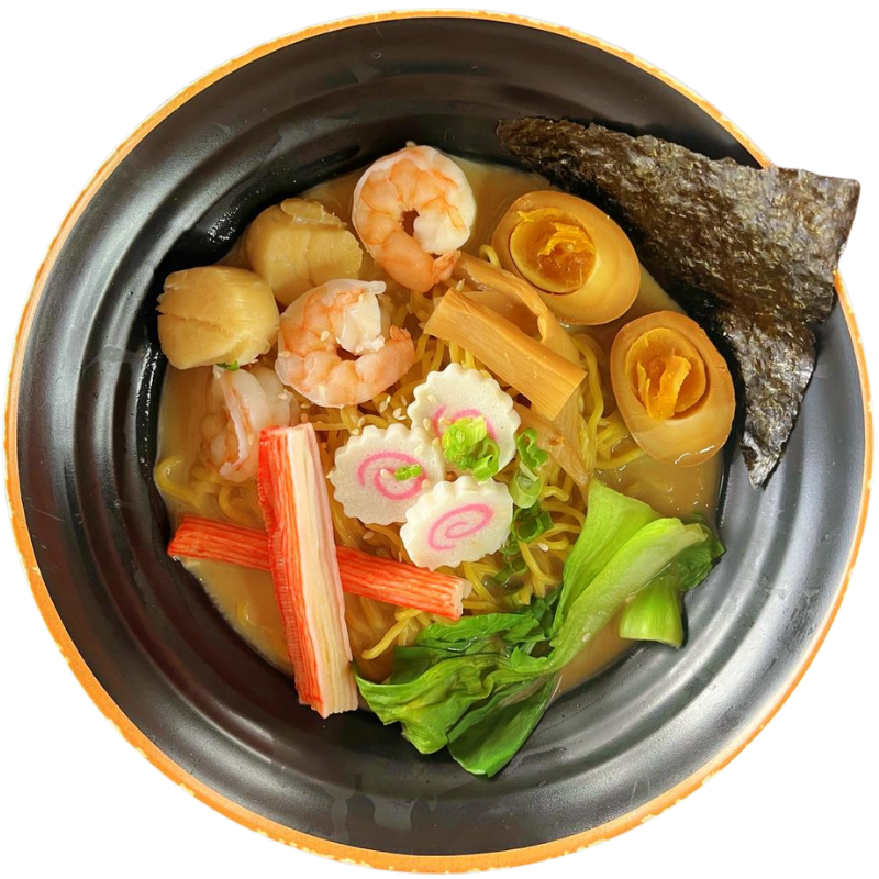 Creamy ramen loaded with shrimp, scallops and crab stick seafood at Zen Ramen, a Japanese Restaurant in Madison