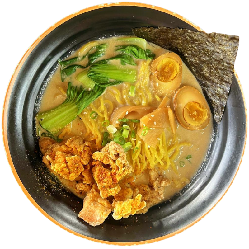 Rich tonkotsu ramen topped with crispy fried chicken karaage at Zen Ramen, a Japanese Restaurant in Madison