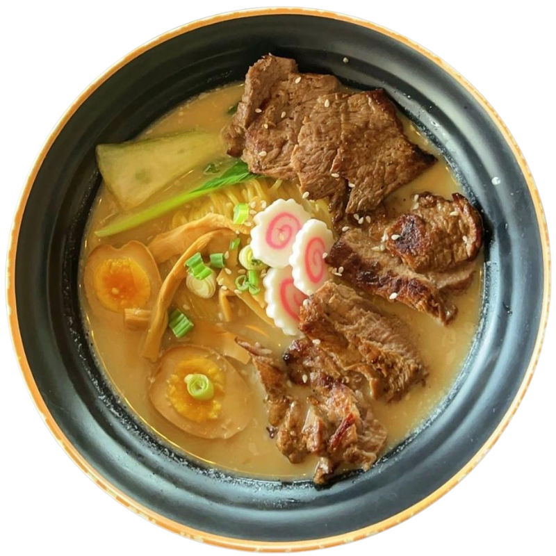 Savory miso ramen topped with tender grilled beef slices at Zen Ramen, a Japanese Restaurant in Madison