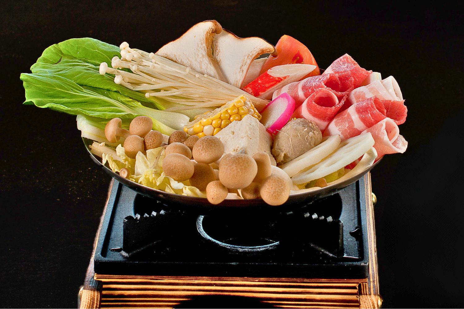 Hot pot vegetable and beef platter with corn, shimeji mushrooms, tofu and pork belly slices at ZhangLiang Malatang - Corona, a Chinese Restaurant in Corona