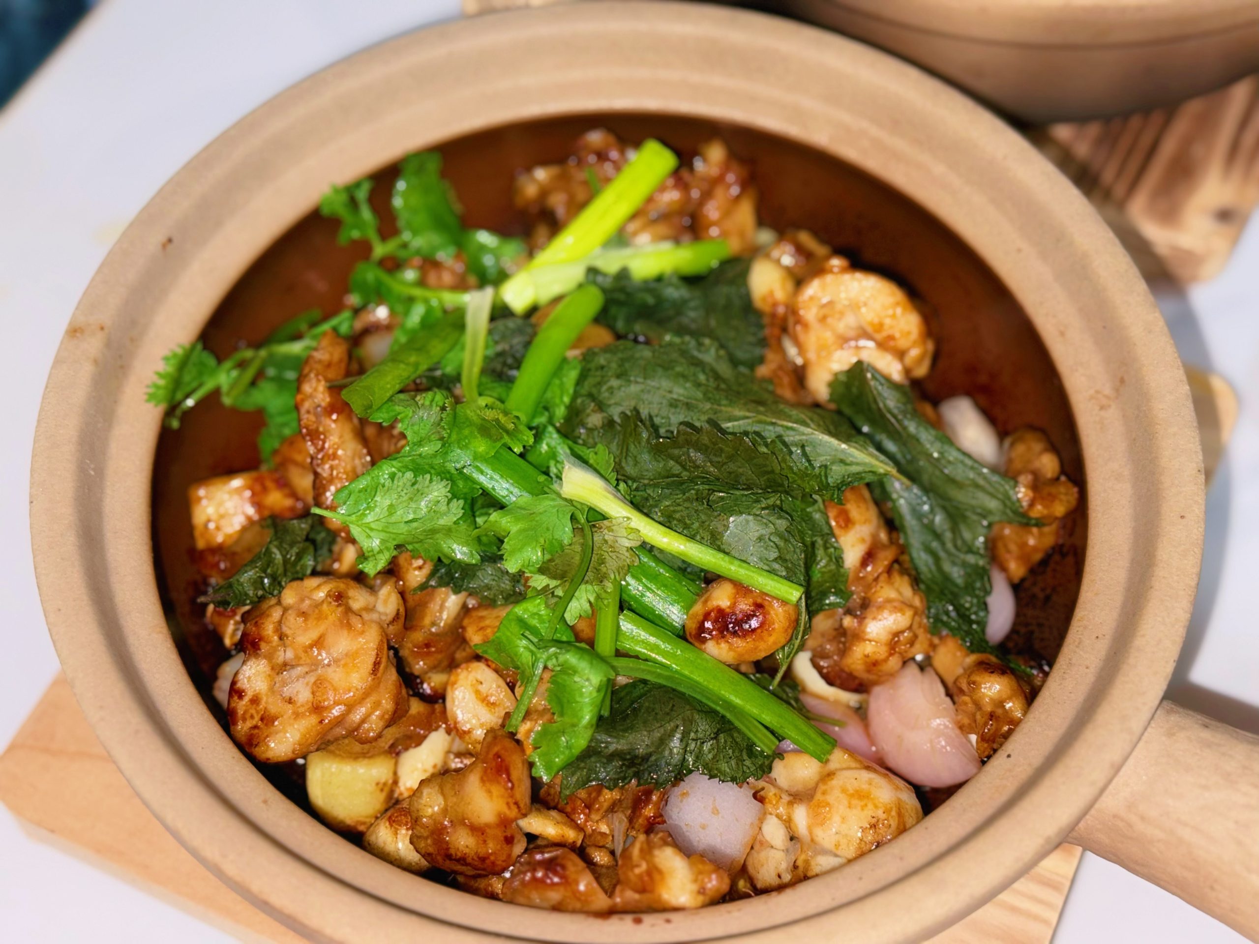 Basil zhe zhe frog pot with vegetables at Zhe Zhe Pot, a Chinese Restaurant in Brooklyn