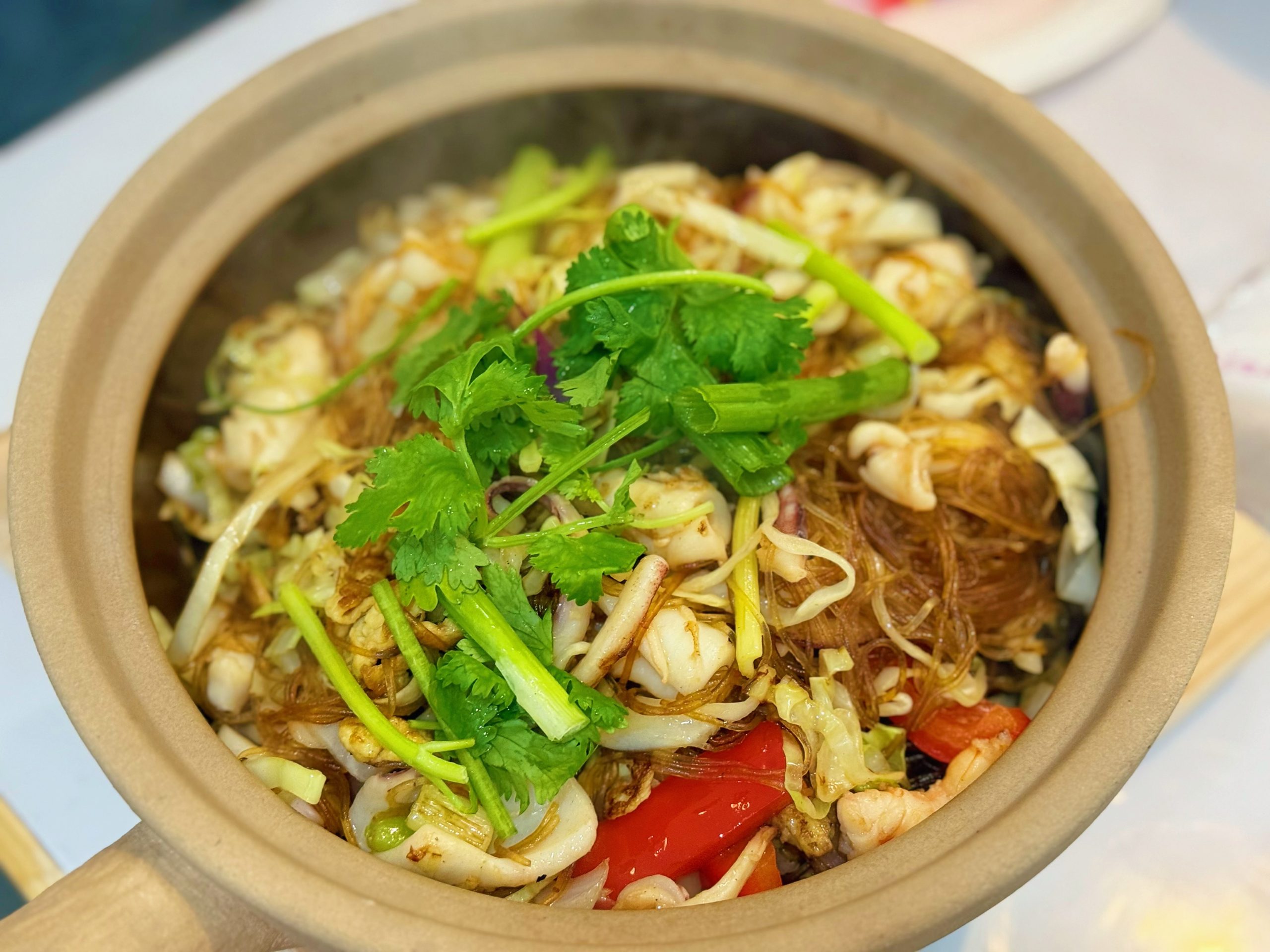Shrimp and squid vermicelli pot with vegetables at Zhe Zhe Pot, a Chinese Restaurant in Brooklyn