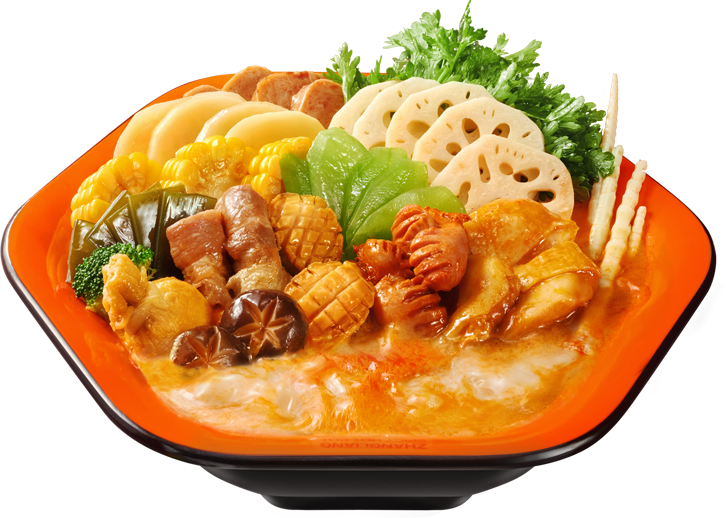 Vibrant malatang bowl loaded with meat, mushrooms, lotus root and fresh vegetables at Zhangliang Malatang, a Sichuan Malatang Spot in Los Angeles