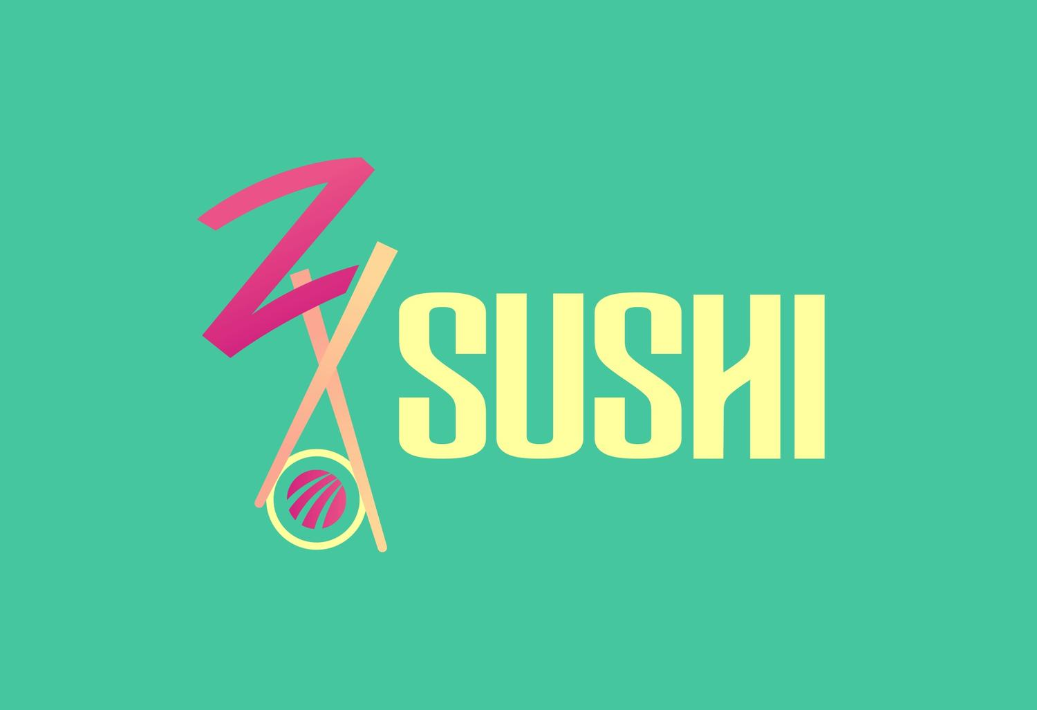 Z Sushi logo with stylized pink Z, chopsticks holding sushi roll, and yellow text on teal background