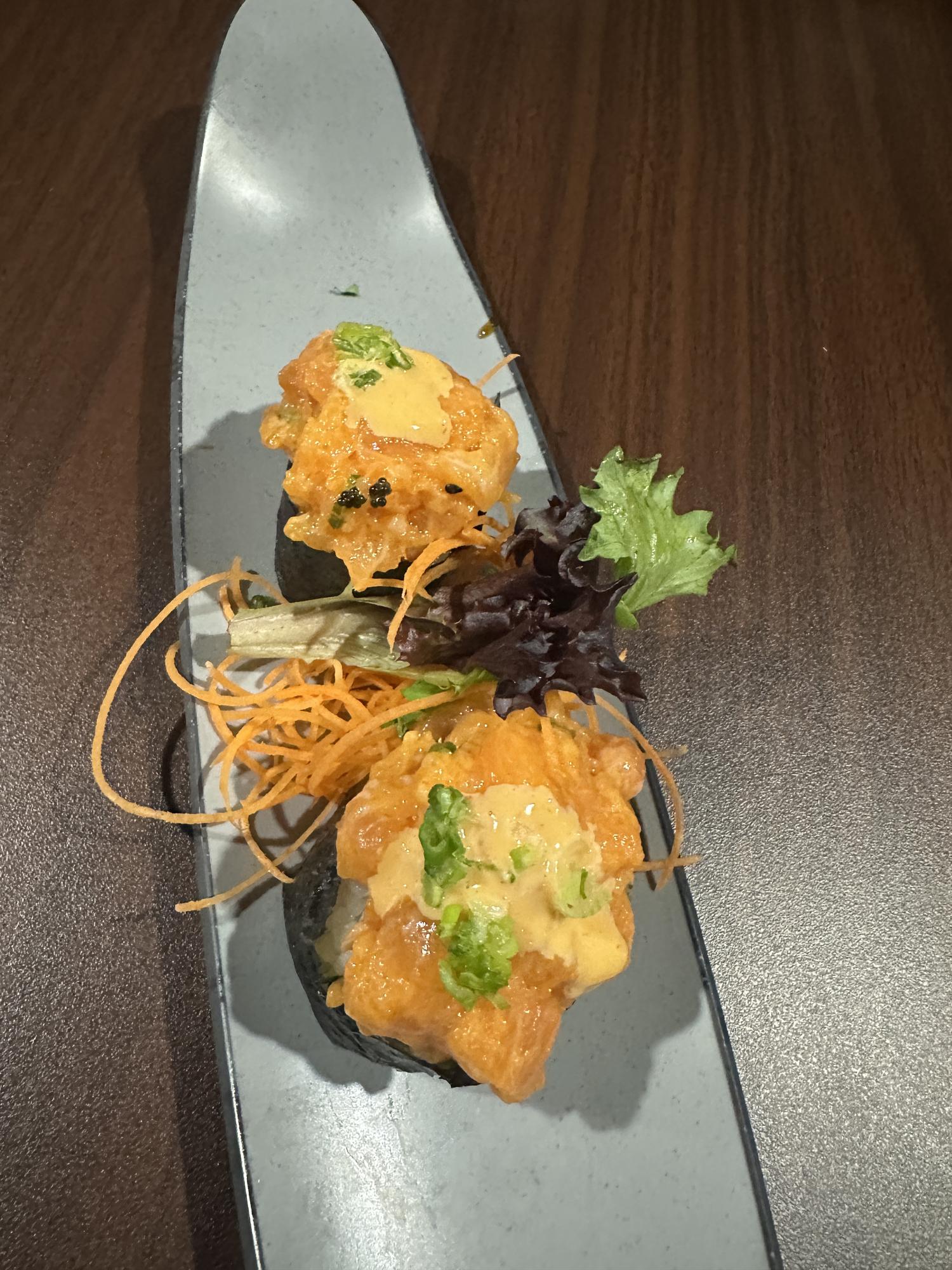 Spicy Tuna Roll with Crunchy Topping and Sauce at ZX Sushi, Japanese Restaurant in Milwaukee